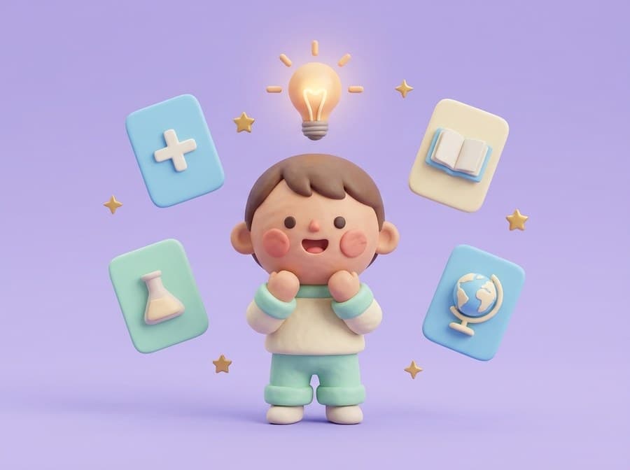 Delighted clay child with a glowing lightbulb overhead, surrounded by floating quiz cards for math, science, reading, and geography