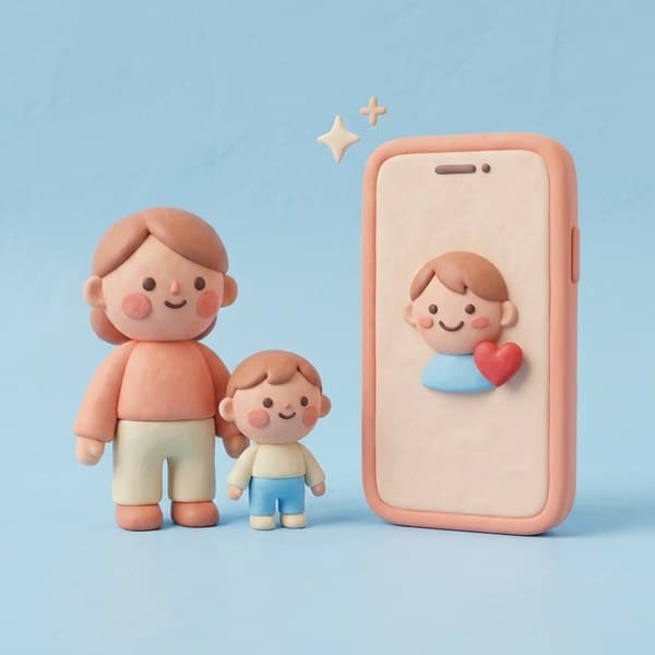Clay parent and child standing beside a large phone showing the child's smiling profile with a heart