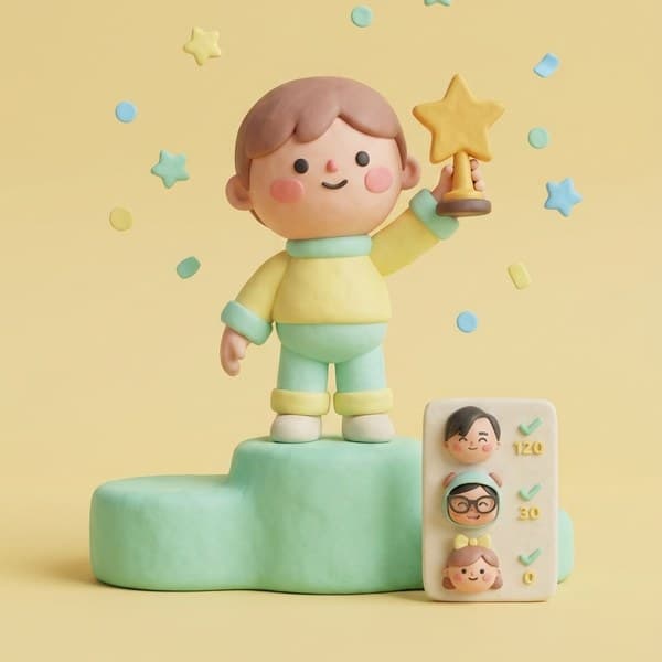 Proud clay child on a podium holding a golden star trophy beside a family leaderboard, with confetti and stars in the air