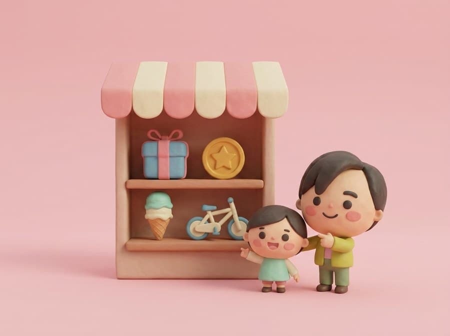 Clay parent and child choosing from a tiny reward shop stocked with a gift box, a golden star coin, an ice cream cone, and a bicycle