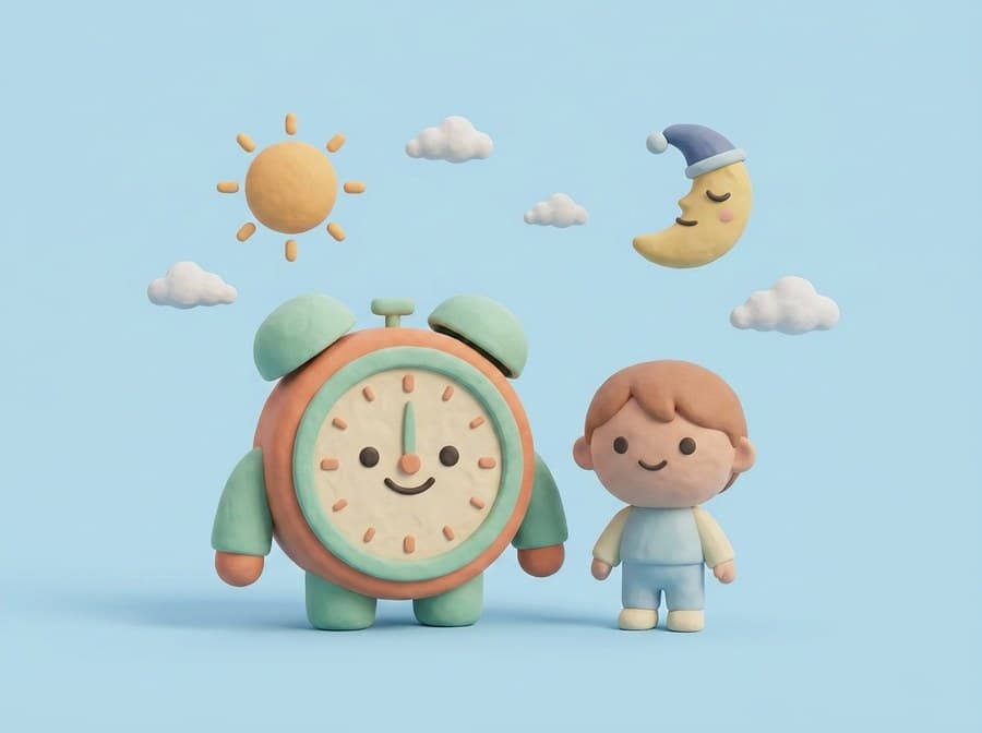 Friendly clay robot alarm clock standing beside a smiling child, with a sun and crescent moon representing daytime schedules and bedtime cutoffs