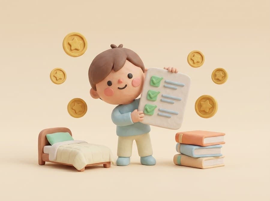 Happy clay child ticking off a checklist with golden star coins floating around, next to a neatly made bed and a stack of books