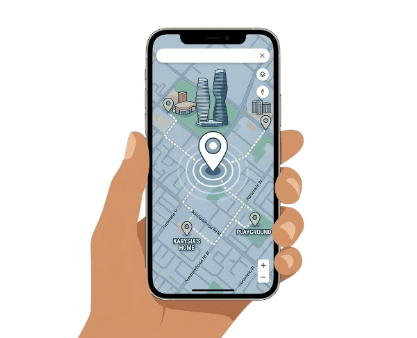 Hand holding a smartphone showing a map with a location pin, representing real-time location tracking for kids