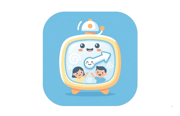 Animated robot clock with happy children representing screen time balance controls