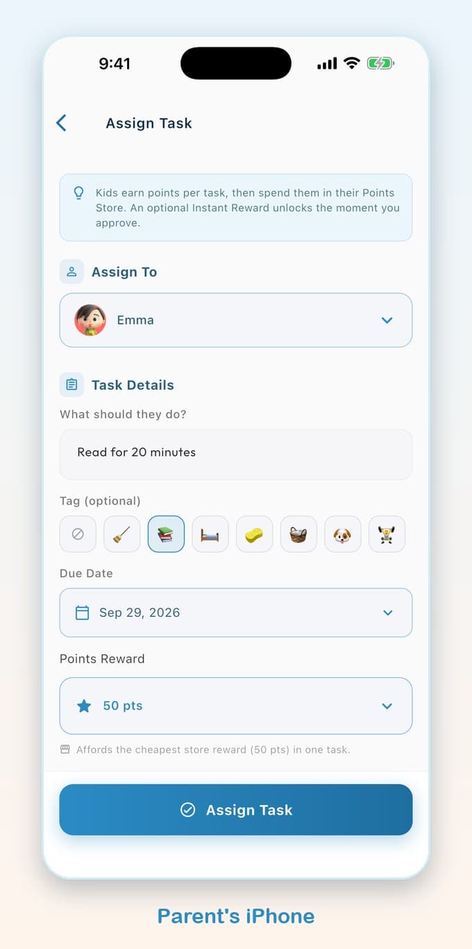 Tap Guardian on iPhone: assigning a 'Read for 20 minutes' task worth 50 points
