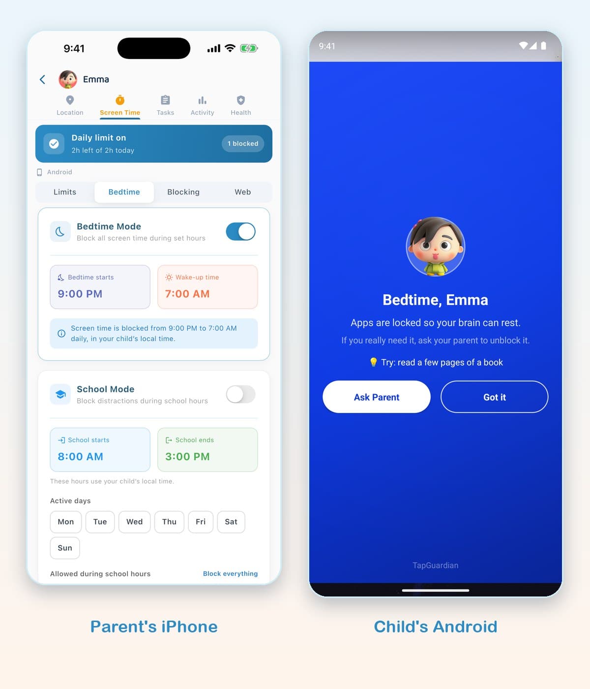 Both phones: Bedtime and school, on a schedule