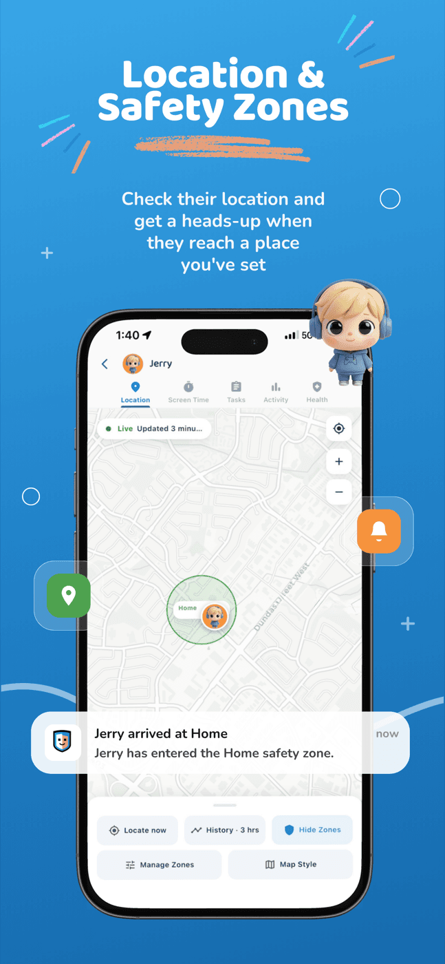 Parent's phone: Location and Safety Zones